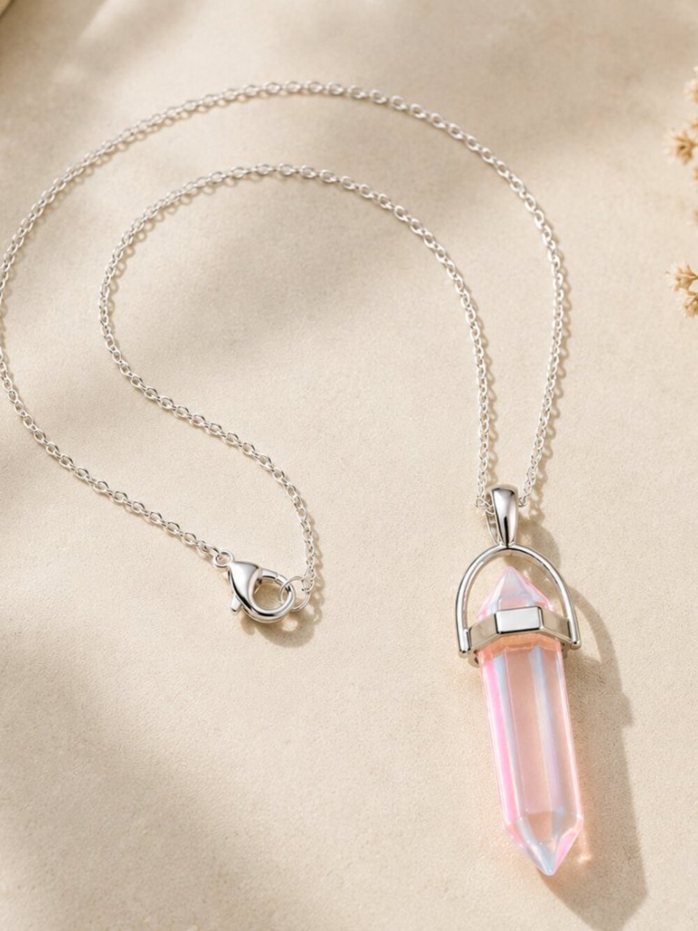 Kunzite Pale Pink Crystal Bullet Point Necklace Unisex Pendant Silver Chain